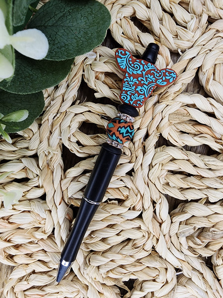 Burnt Orange & Turquoise Lace Cow Head refillable ink pen / RTS