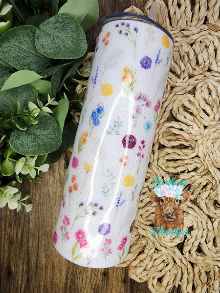 Floral 20 oz skinny glitter tumbler and matching floral glitter pens / RTS