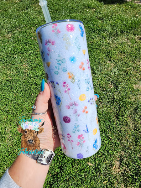 Floral 20 oz skinny glitter tumbler and matching floral glitter pens / RTS