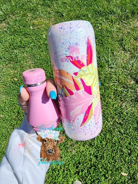 Floral Pink 20 oz glitter Stanley water bottle / RTS