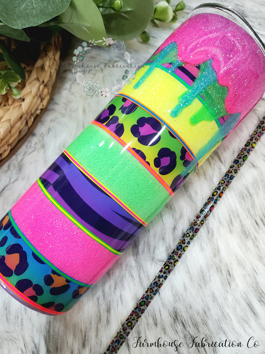 Glitter Drip Tumbler. Neon Leopard Tumbler Wrap