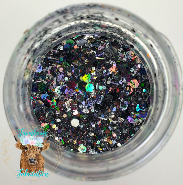 "Sleepy Hollow" Custom Mix / Holographic Black and Silver Chunky Mix with 4 point stars and Tinsel