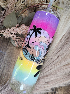 Salty Beach 20 oz skinny Glitter Tumbler with Beach Printed Reusable Straw
