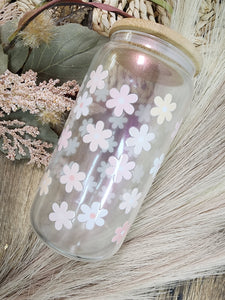Small Pink Flowers Libbey Beer Glass / Ice Coffee Glass