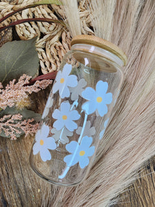 Blue Flowers Libbey Beer Glass / Ice Coffee Glass