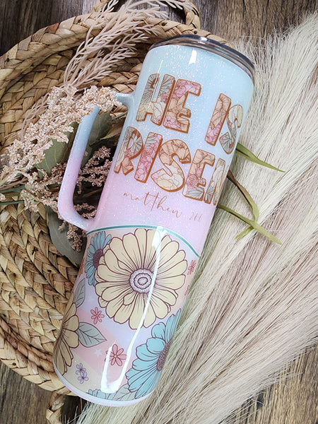 He Has Risen 20 oz Skinny with a handle Glitter Tumbler