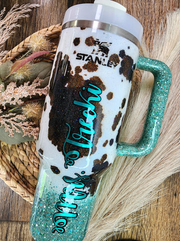 Teal Cow print Glitter Tumbler / Personalized Tumbler