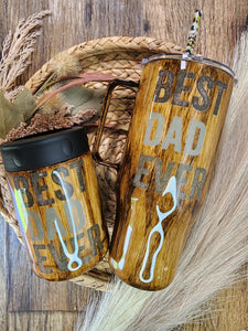 Best Dad Ever Wood Grain 24 oz Tumbler with Handle & Camo Printed Reusable Straw