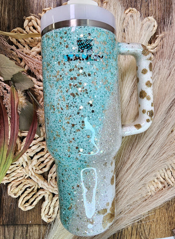 Turquoise Cow Print Swirl Glitter Tumbler / Turquoise Drippin' Glitter