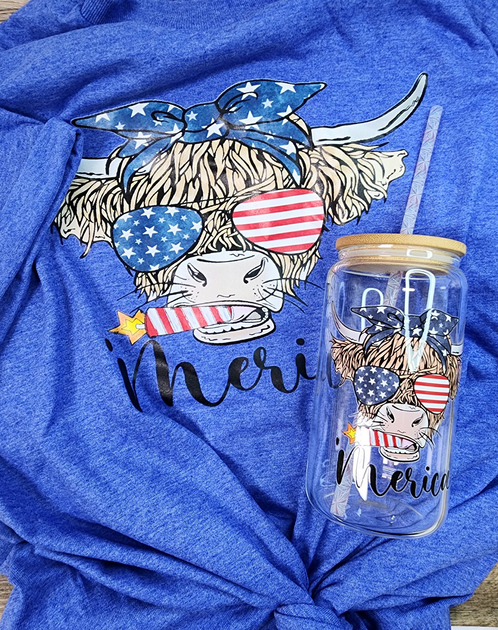 Patriotic Highland Cow 'Merica Libbey Beer Glass / Ice Coffee Glass