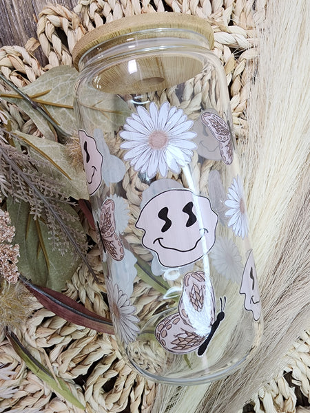 Neutral Smiley Foral Libbey Beer Glass / Ice Coffee Glass