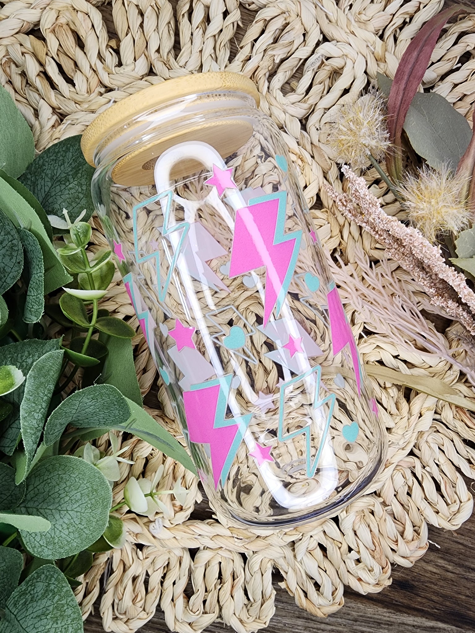 Pink/Teal Boltz Libbey Beer Glass / Ice Coffee Glass