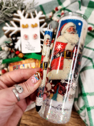 Vintage Christmas Glitter Tumbler & Pen / Pen sold seperately