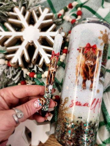 Small Town Christmas Highland Cow Christmas Glitter Tumbler & Pen / Pen sold seperately