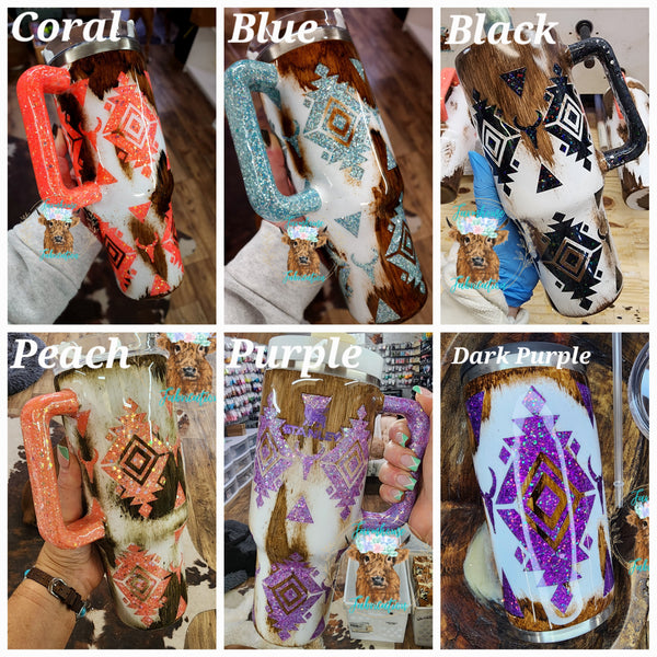 Cowhide Aztec Glitter Tumblers / CHOOSE YOUR COLOR / CHOOSE YOUR SIZE