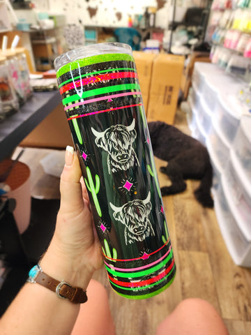 RTS Highland Cow Green & Pink 30 oz Skinny Glitter Tumbler