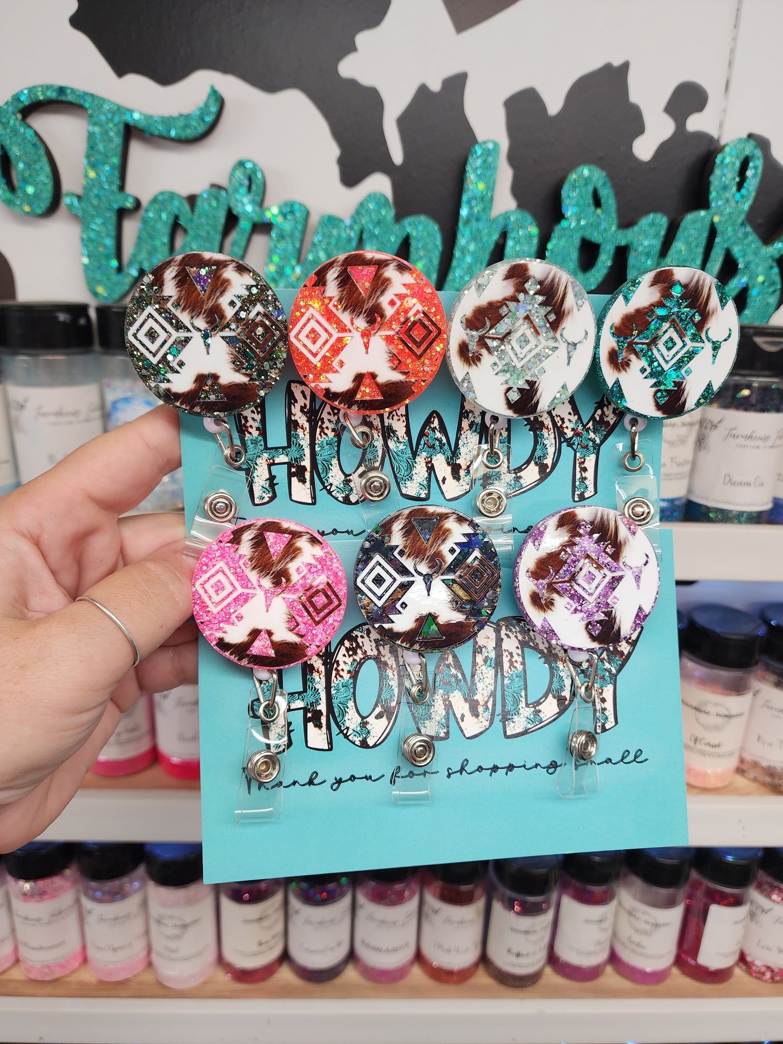 Aztec Cowhide Glitter BADGE REEL retractable with clip