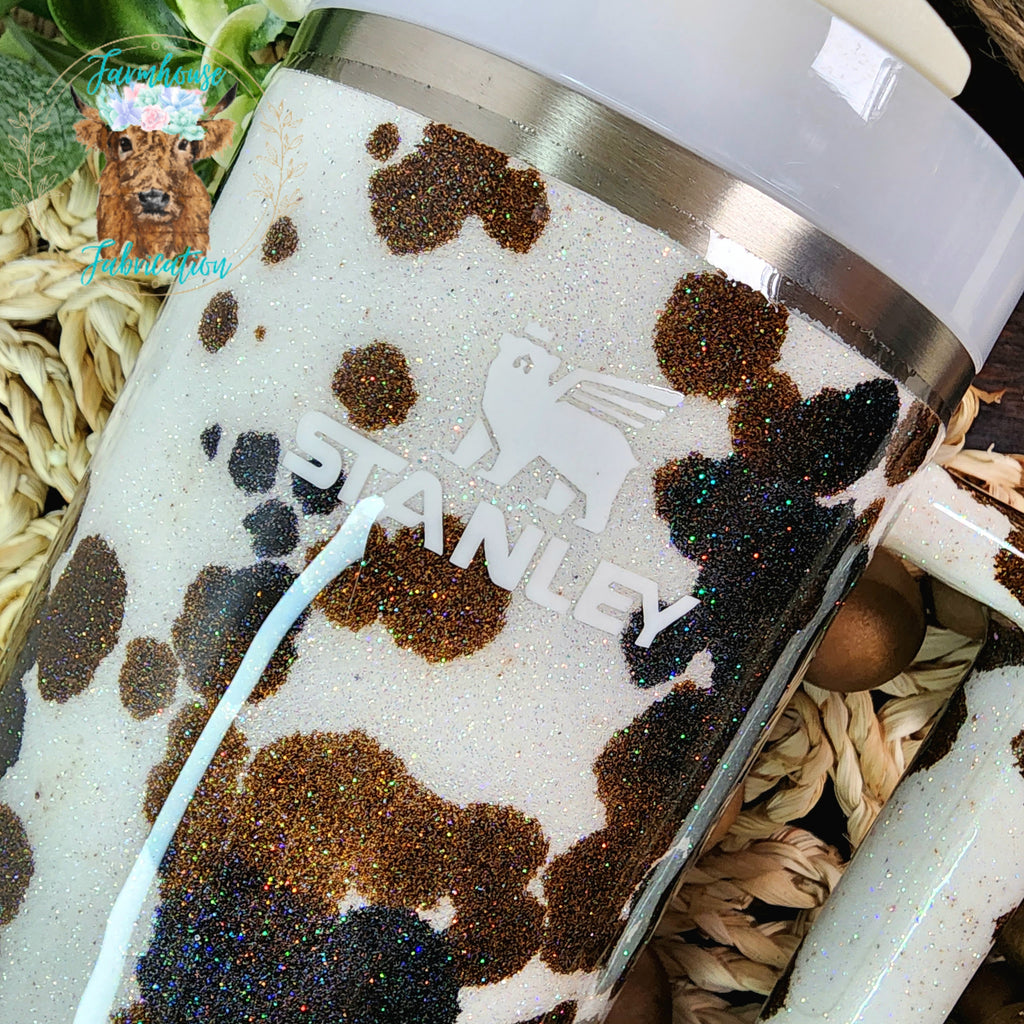 Stanley 40 Oz. Handled Cow Print Tumbler Cowhide Glitter Cup 