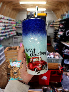 RTS Merry Christmas Vintage Truck 20 oz Curvy Glitter Tumbler