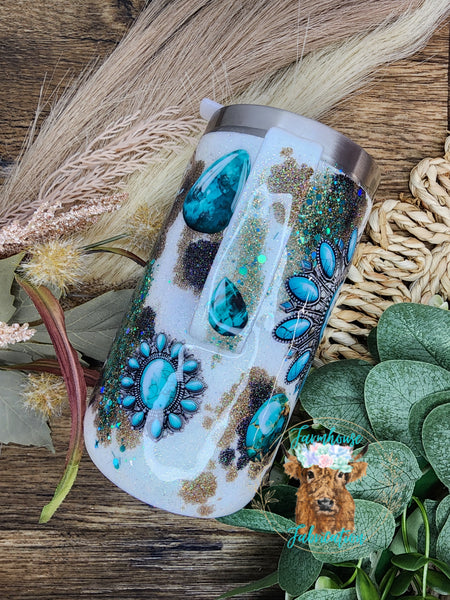 Turquoise Stones with cowprint Glitter Tumbler / Personalized Tumbler