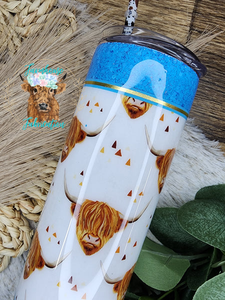 Highland Cow and blue 20 oz Skinny Glitter Tumbler with straw- RTS