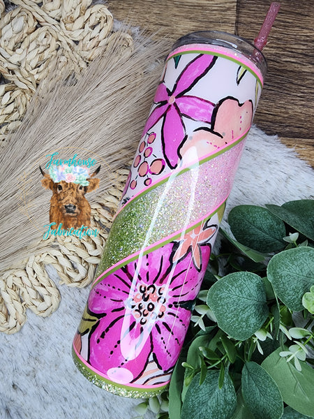 Pink and Green Floral V Split 30 oz Skinny Tumbler with straw- RTS