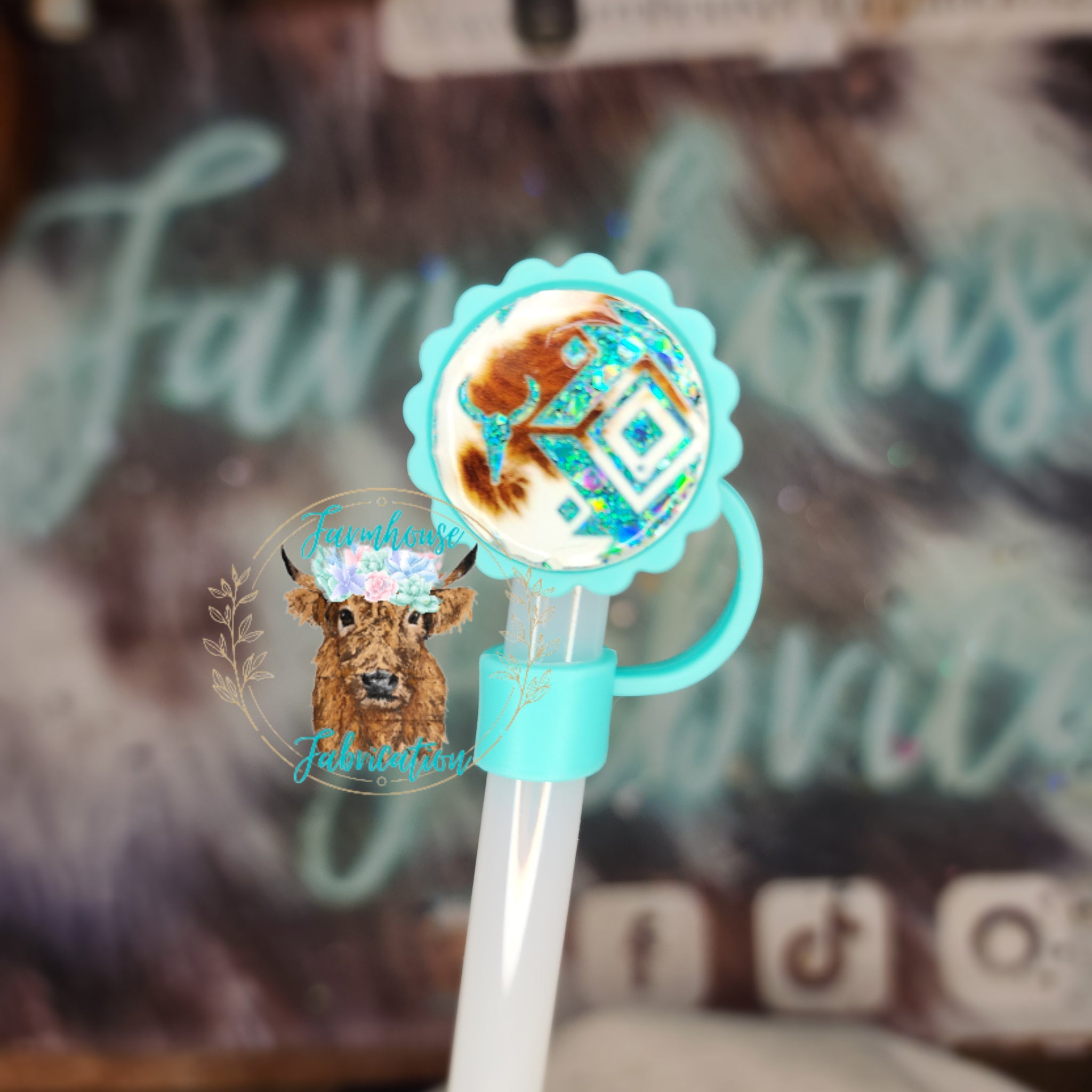 Aztec Cowhide Glitter STRAW TOPPER