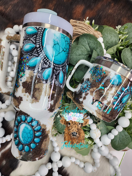 Turquoise Stones with cowprint Glitter Tumbler / Personalized Tumbler