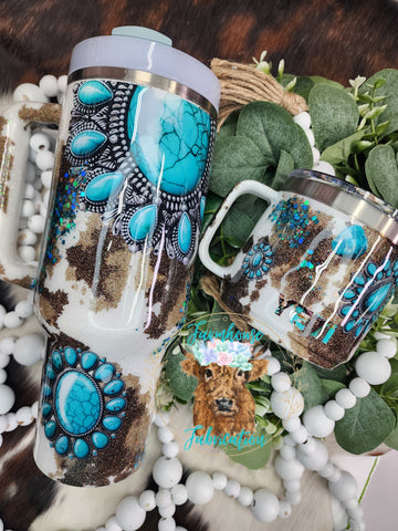 Turquoise Stones with cowprint Glitter Tumbler / Personalized Tumbler