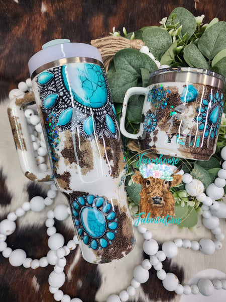 Turquoise Stones with cowprint Glitter Tumbler / Personalized Tumbler