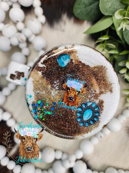 Turquoise Stones with cowprint Glitter Tumbler / Personalized Tumbler
