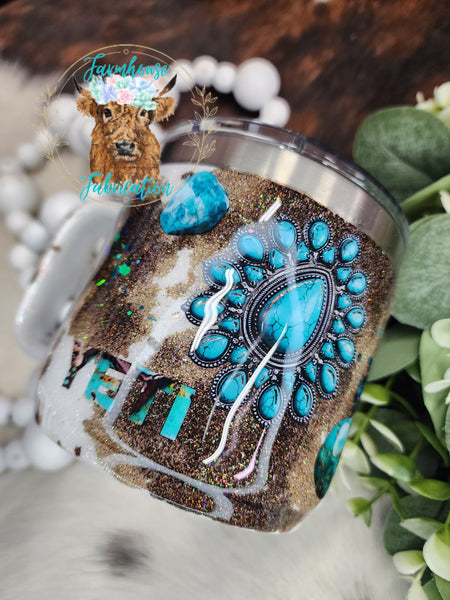 Turquoise Stones with cowprint Glitter Tumbler / Personalized Tumbler