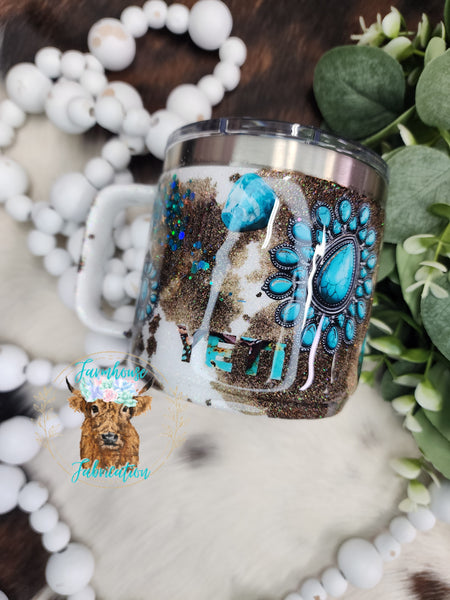 Turquoise Stones with cowprint Glitter Tumbler / Personalized Tumbler