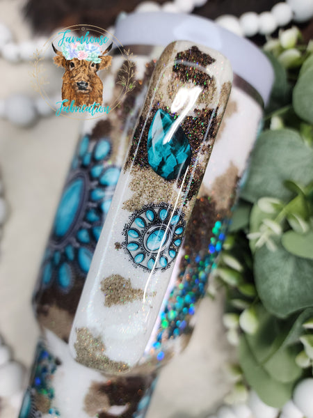 Turquoise Stones with cowprint Glitter Tumbler / Personalized Tumbler