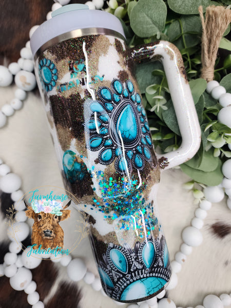 Turquoise Stones with cowprint Glitter Tumbler / Personalized Tumbler