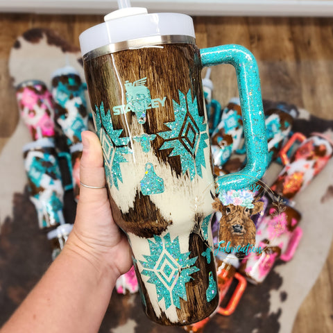 Cowhide Aztec with Cow head and cow tags Glitter Tumbler / CHOOSE YOUR COLOR & SIZE