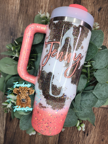 Peach "Mrs. Right" Tri-Color Cowprint Glitter Tumbler / Personalized Tumbler