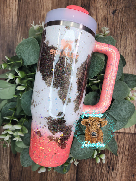 Peach "Mrs. Right" Tri-Color Cowprint Glitter Tumbler / Personalized Tumbler