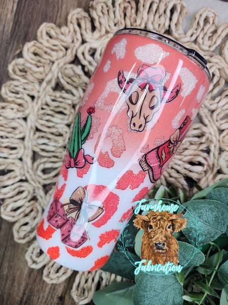Coral Cheetah Peek-a-boo County Glitter Tumbler- 30 oz curvy- RTS