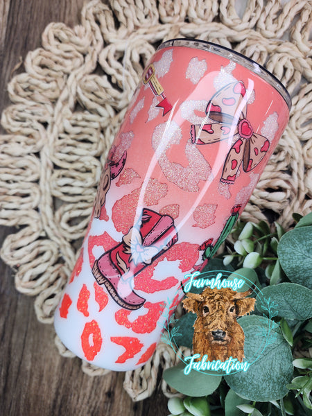Coral Cheetah Peek-a-boo County Glitter Tumbler- 30 oz curvy- RTS
