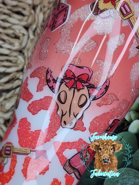 Coral Cheetah Peek-a-boo County Glitter Tumbler- 30 oz curvy- RTS