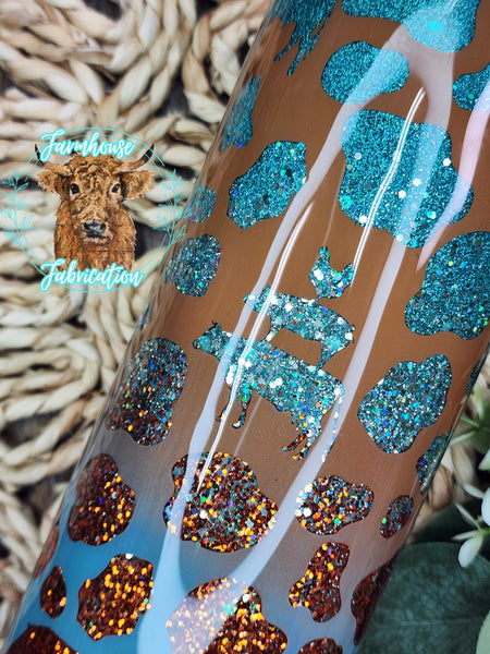 Teal/ Burnt Orange County Cow Print Peek-a-boo Glitter Tumbler- 35 oz skinny- RTS