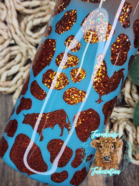 Teal/ Burnt Orange County Cow Print Peek-a-boo Glitter Tumbler- 35 oz skinny- RTS