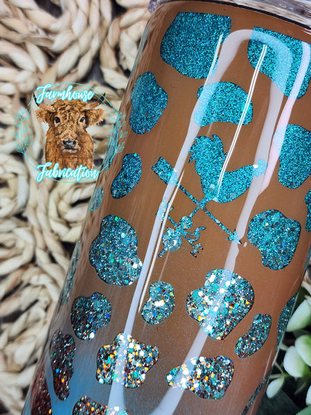Teal/ Burnt Orange County Cow Print Peek-a-boo Glitter Tumbler- 35 oz skinny- RTS