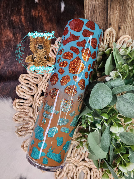 Teal/ Burnt Orange County Cow Print Peek-a-boo Glitter Tumbler- 35 oz skinny- RTS