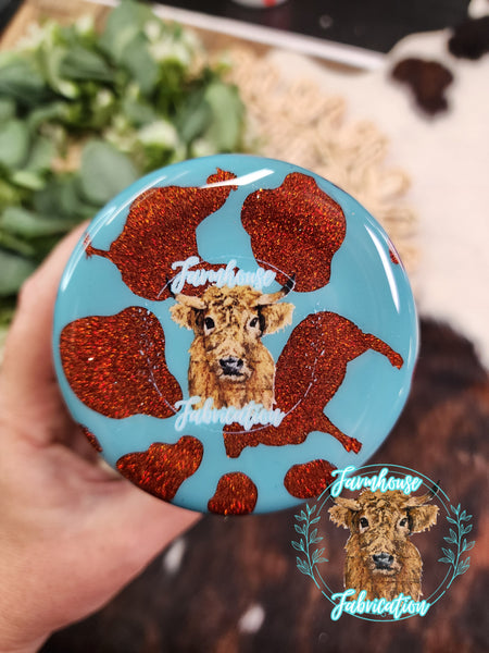 Teal/ Burnt Orange County Cow Print Peek-a-boo Glitter Tumbler- 35 oz skinny- RTS