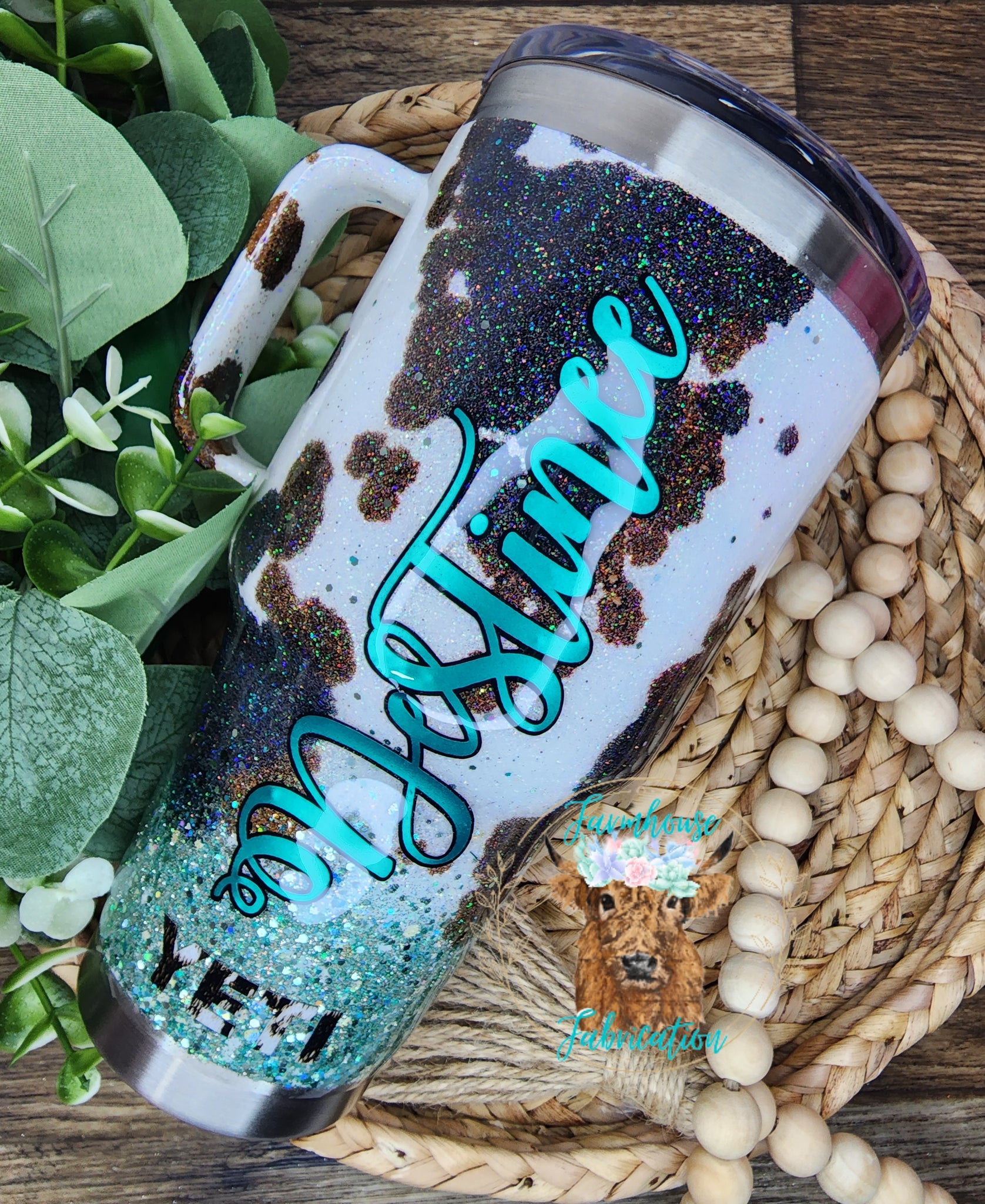 Teal & Tri-Color Cowprint Glitter Tumbler / Personalized Tumbler