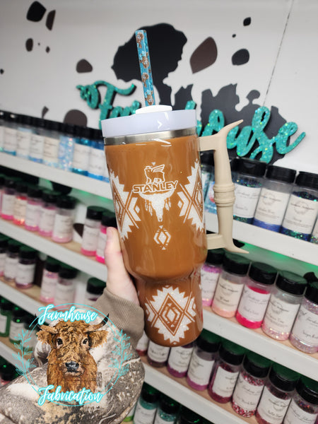 Long Horn Aztec Glitter Tumbler / LONG HORN HANDLE ONLY COMES ON THE 40 OZ STANLEY / CHOOSE YOUR SIZE & COLORS