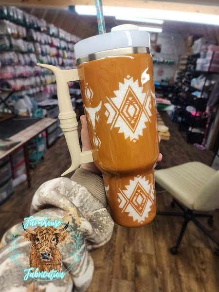 Long Horn Aztec Glitter Tumbler / LONG HORN HANDLE ONLY COMES ON THE 40 OZ STANLEY / CHOOSE YOUR SIZE & COLORS