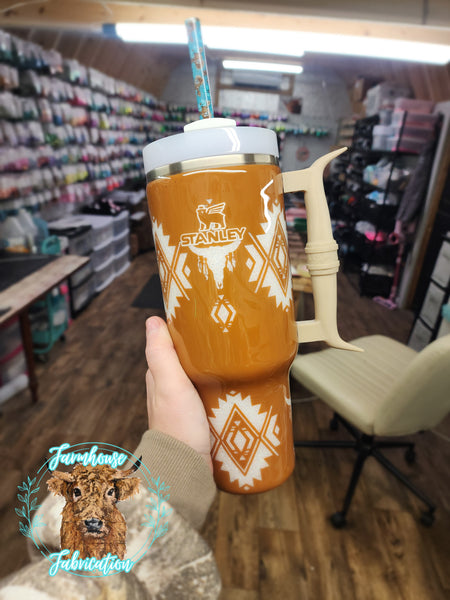 Long Horn Aztec Glitter Tumbler / LONG HORN HANDLE ONLY COMES ON THE 40 OZ STANLEY / CHOOSE YOUR SIZE & COLORS